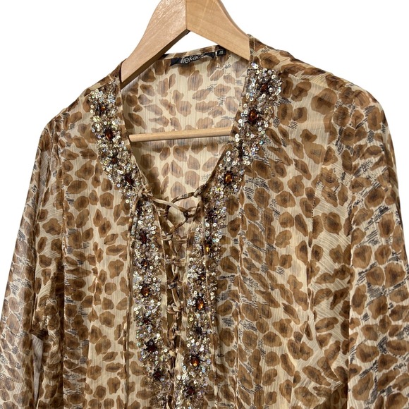 TieRack Leopard Print Sequin Beaded Lace Up Kaftan Tunic Brown Tan One Size - Picture 2 of 13